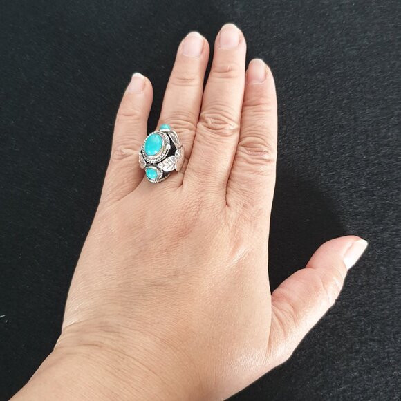 Bold Vintage 1920s Taxco Mexico Turquoise Sterling Silver Art Deco Poison Ring - Picture 10 of 14